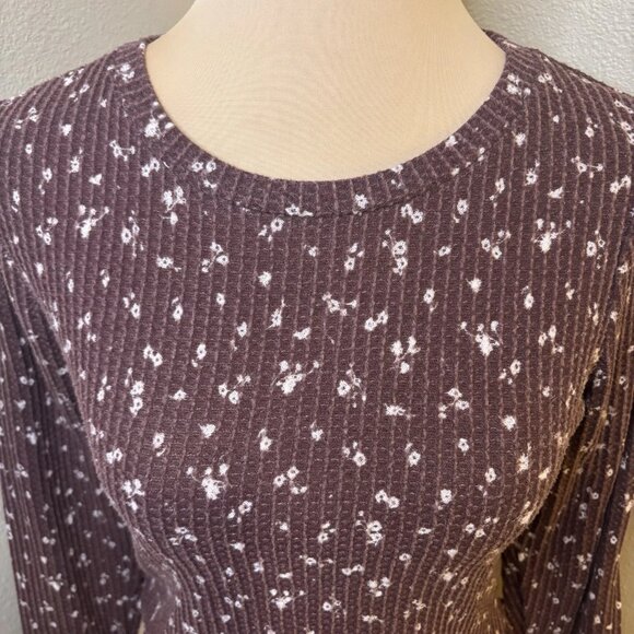 Aero OG Shrunken Tee Brown Floral Waffle Long Sleeve Crop Top Women's Size M - Picture 3 of 8
